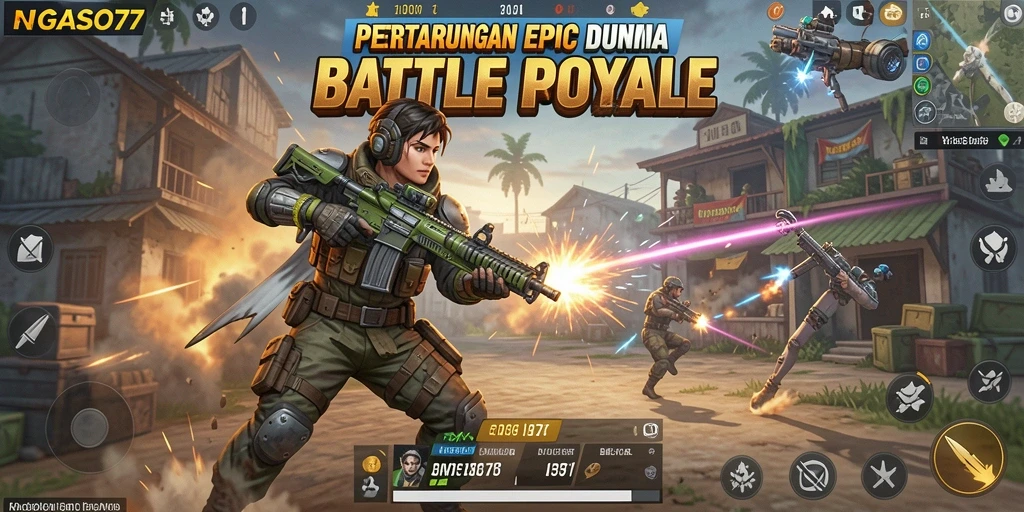 Tampilan mendebarkan dari gameplay <strong>NGASO77</strong> di medan perang Battle Royale.