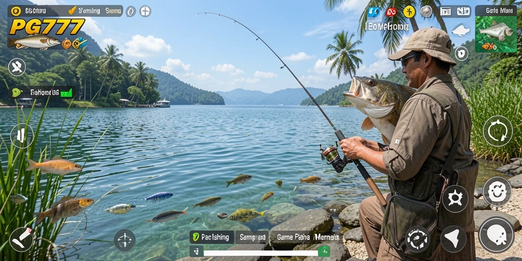 Gameplay PG777 yang seru dengan memancing dan tangkapan ikan.